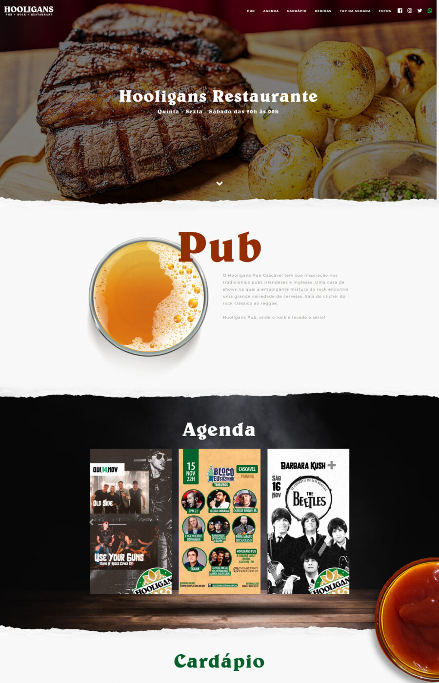 Página do site Hooligans Pub Bar