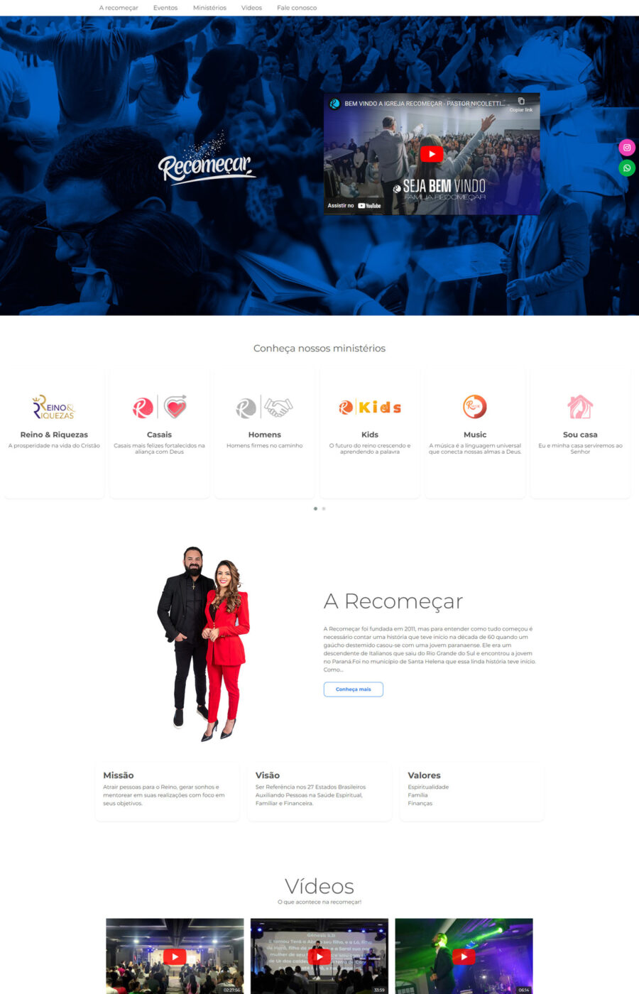 Página do site Igreja Recomeçar