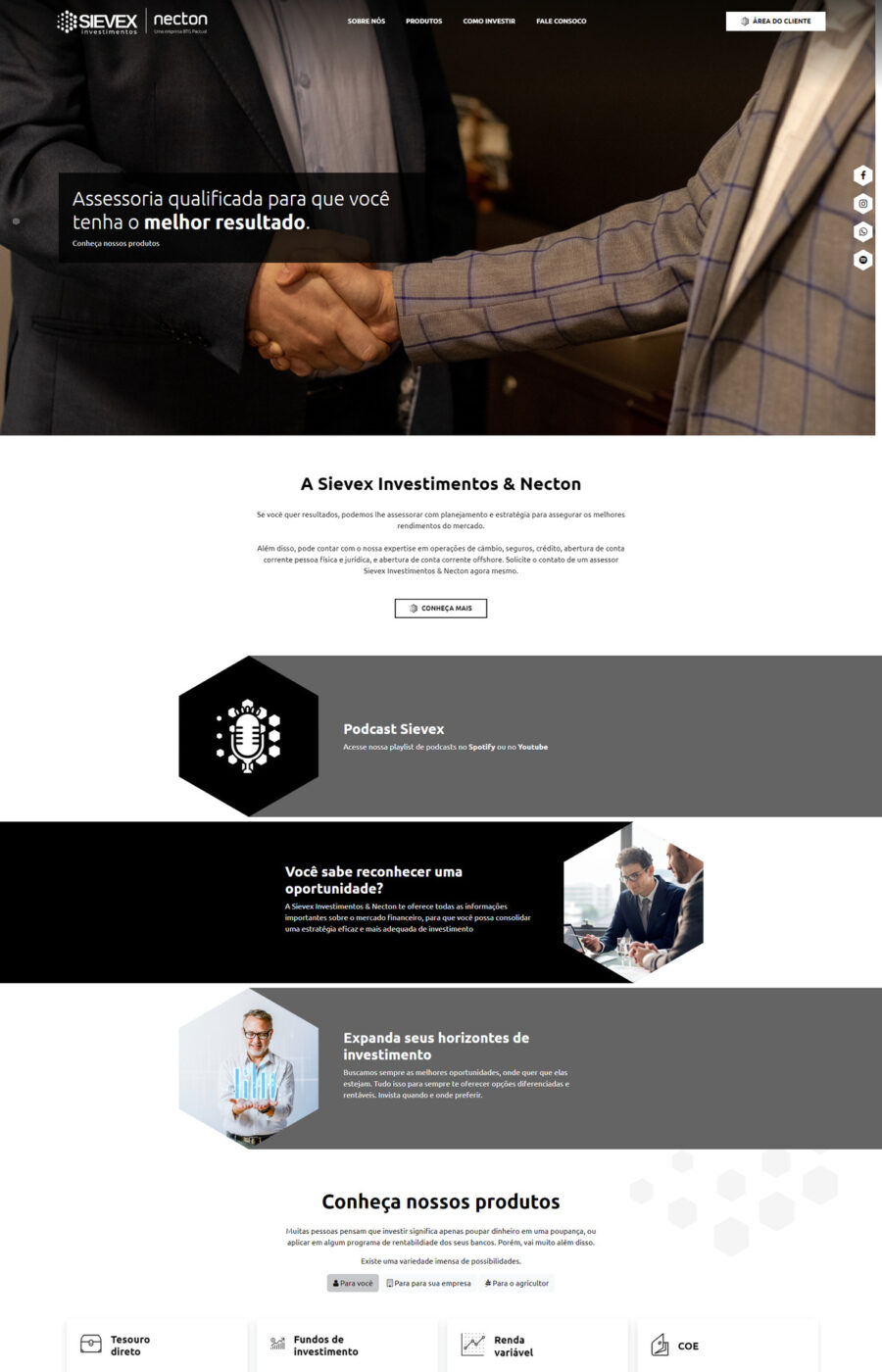 Página do site Sievex Investimentos