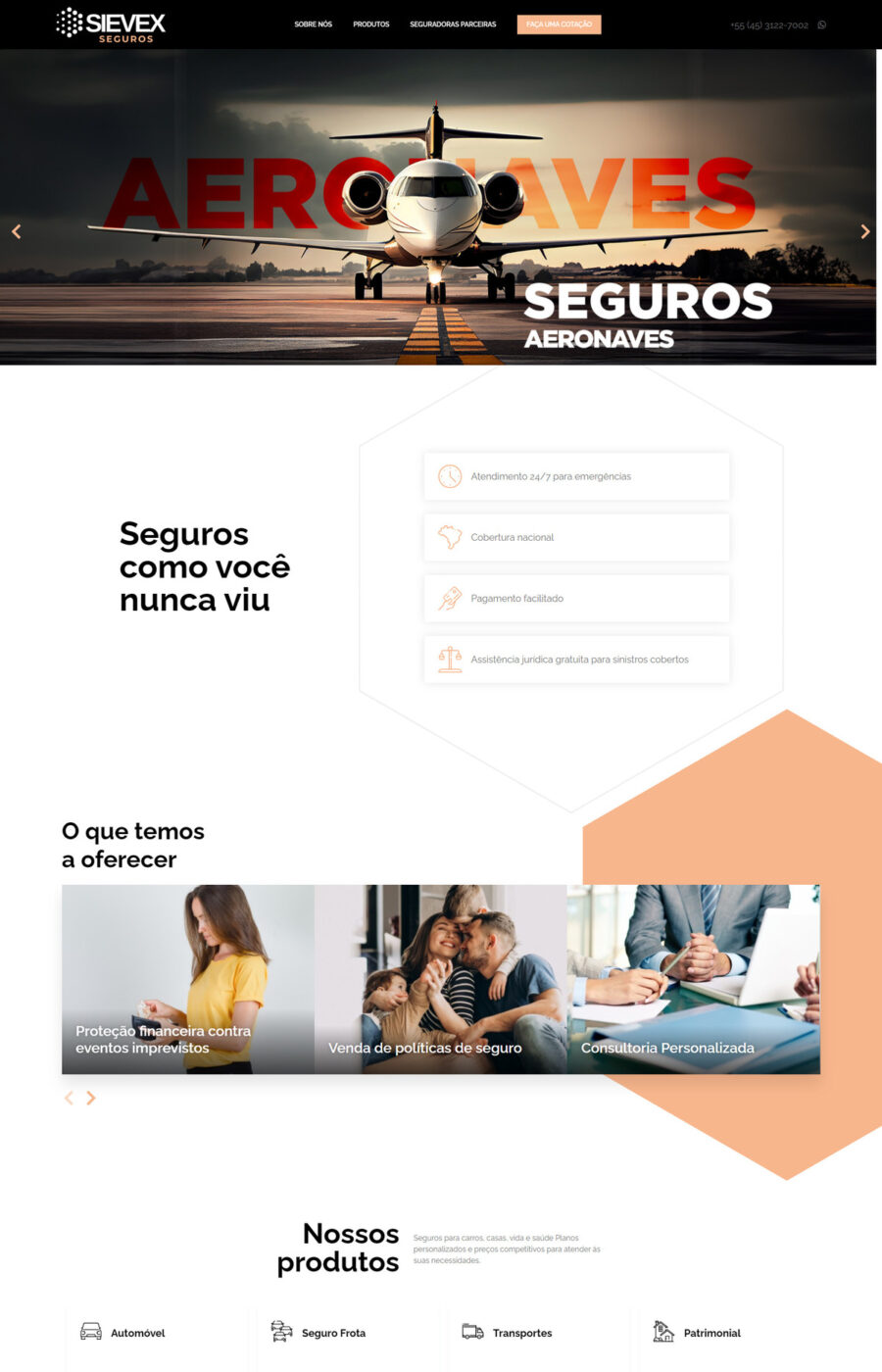 Página do site Sievex Seguros